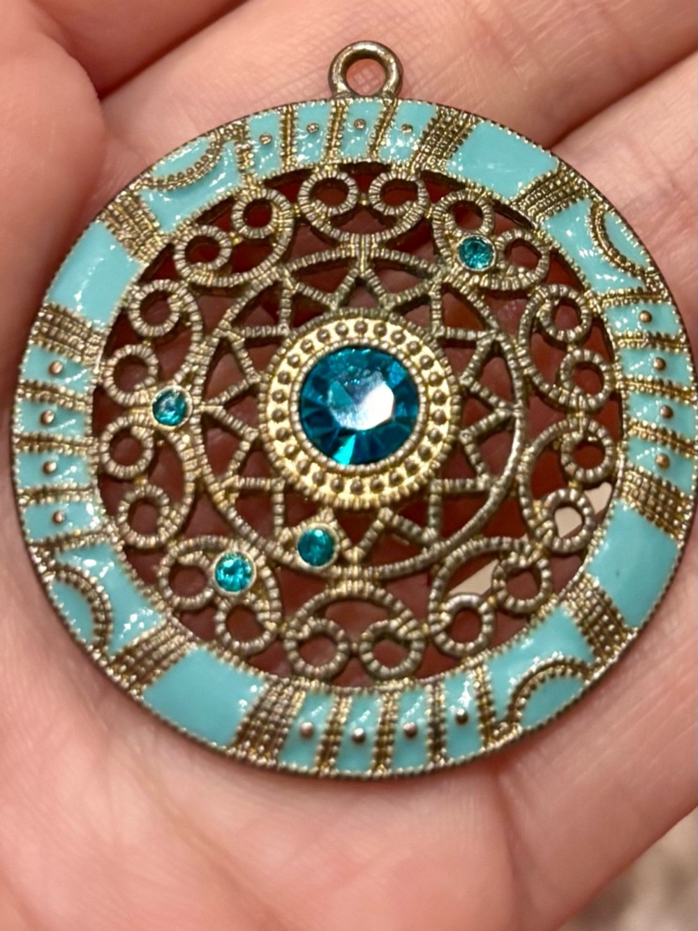 Turquoise Filigree Medallion Pendant with Blue Crystal